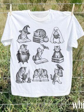 Spooky Season Reading Cats Tee, Witch Cat Book Lover Shirt
